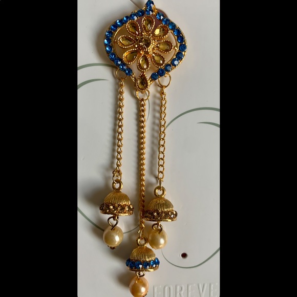 Blue strand Jhumka with pearl bell drops - Picture 3 of 3